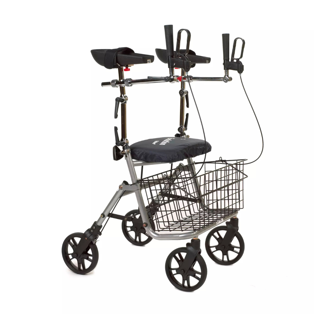 The Arm Through Upright System for Evolution Rollators provides padded forearm support and stability, featuring hand brakes, a seat, a metal basket, and large wheels for comfort on its sturdy metallic frame.